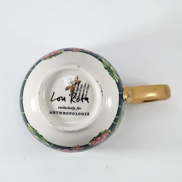 Anthropologie Lou Rota Monogram Mug “W” Green Floral Lotus Design w/ Gold Handle - Picture 7 of 8